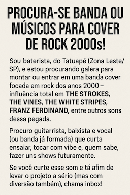 Procura-se Banda ou Músicos para Cover de Rock 2000s!