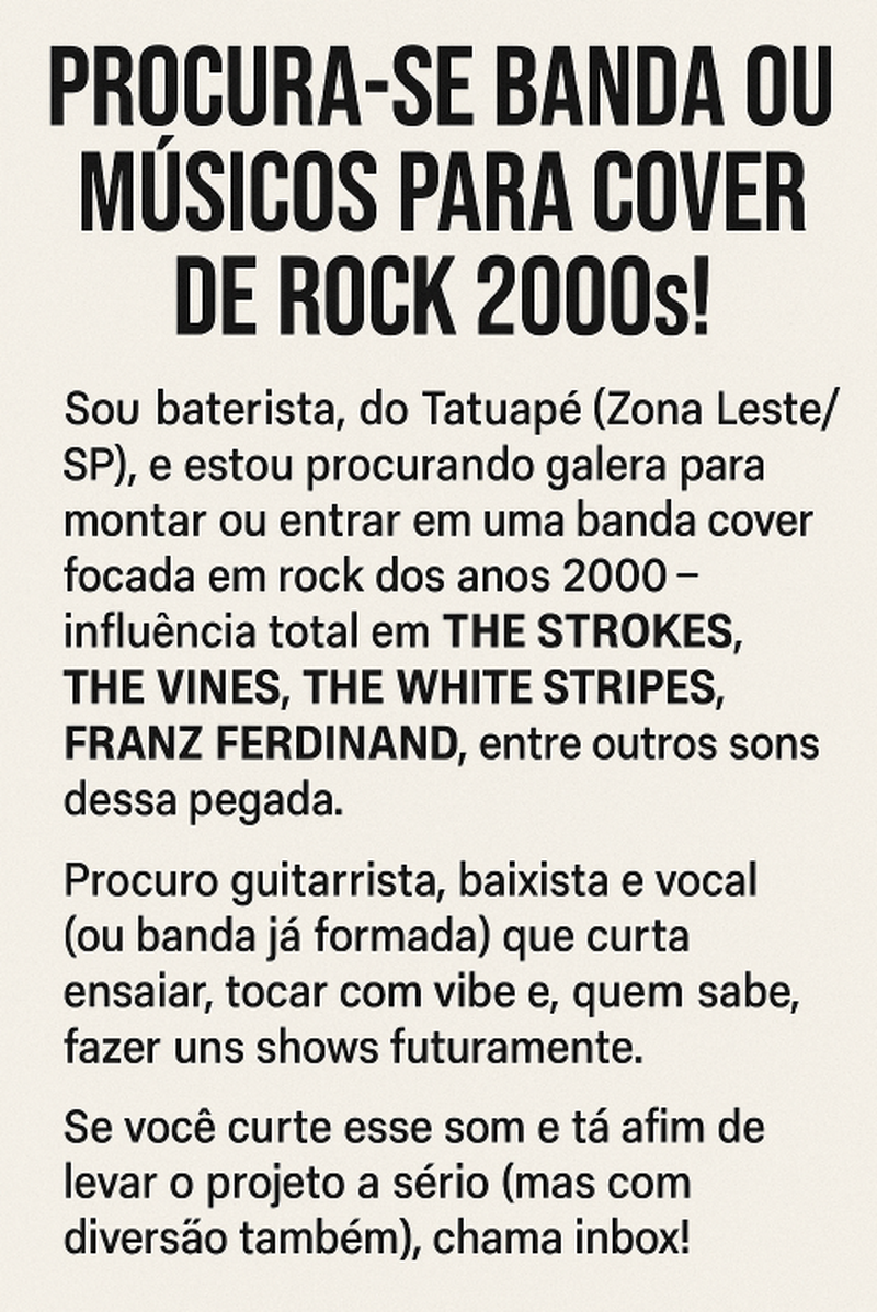 Procura-se Banda ou Músicos para Cover de Rock 2000s!